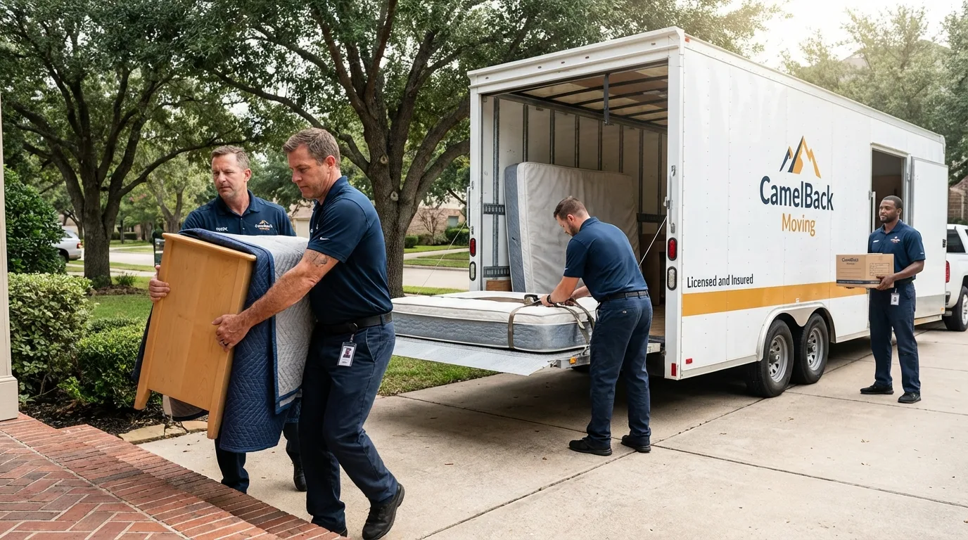 Crew loading residential truck for cross-state move from Princeton, TX