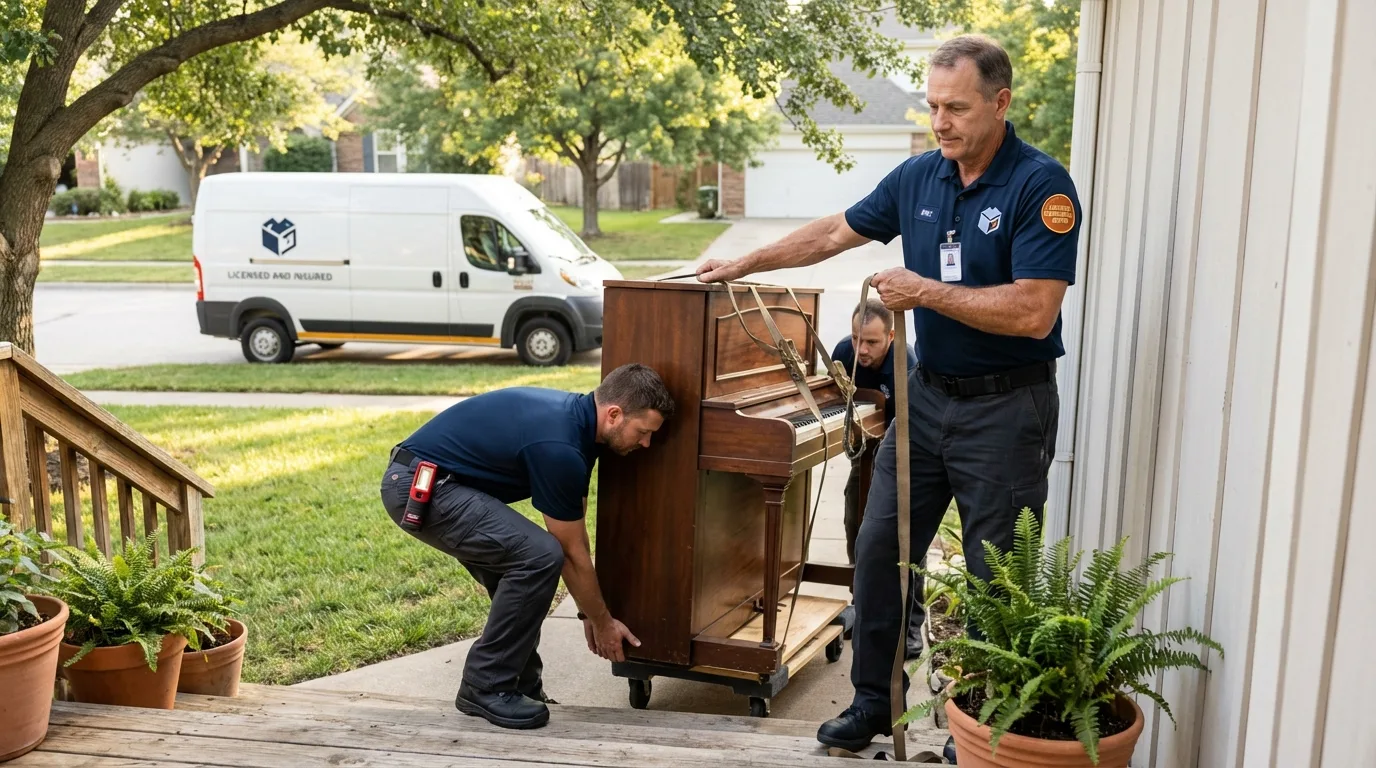 Licensed piano movers securing grand piano in Princeton, TX