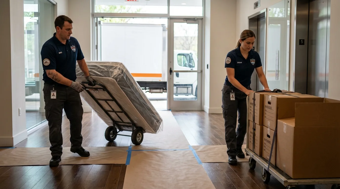 Professional apartment movers loading elevator in Princeton, TX